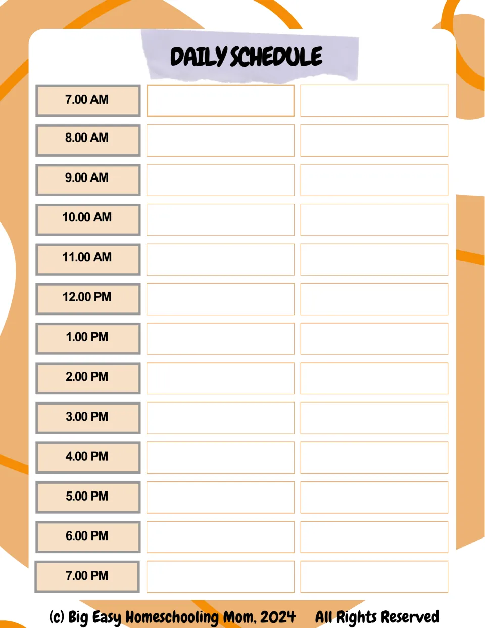 Daily Schedule template in the homeschool planner lists hourly times from 7:00 AM through 7:00 PM
