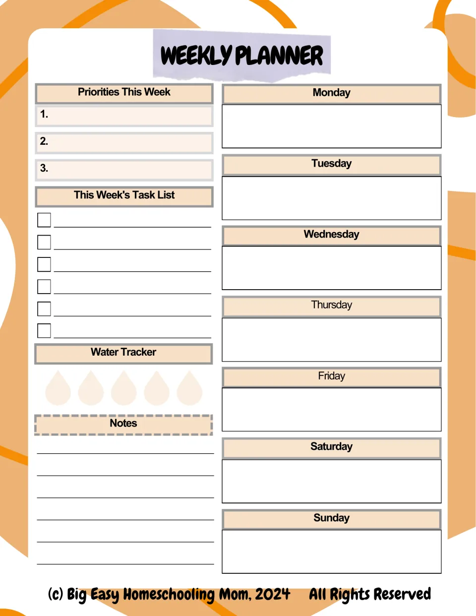 Weekly Planner template includes Monday through Sunday, three priorities, tasks, a water tracker, and notes