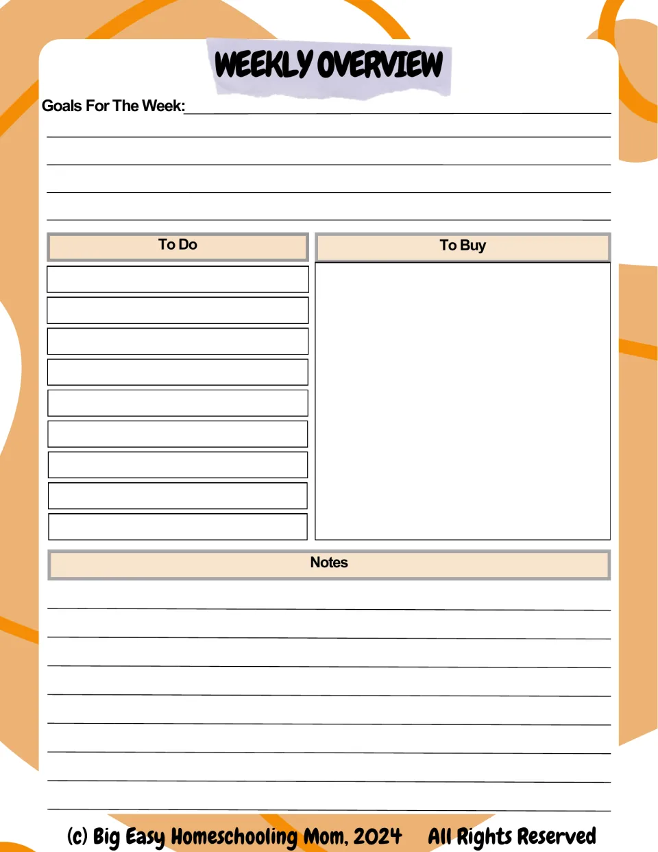 Weekly Overview template in the homeschool planner includes Goals For The Week, To Do, To Buy, and Notes