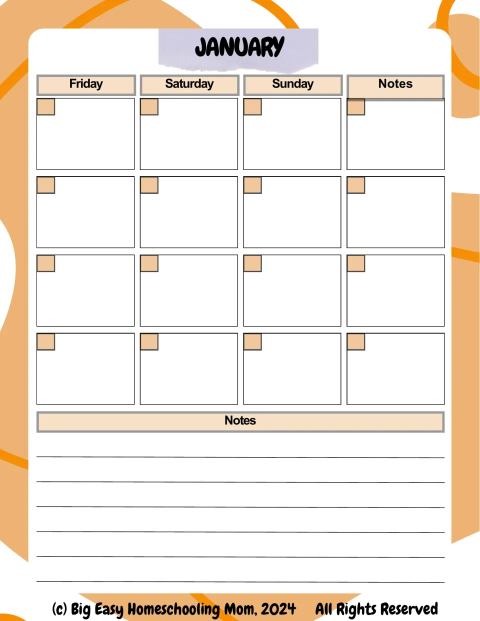 January calendar, second of two pages, provides undated Friday through Sunday entries and space for notes