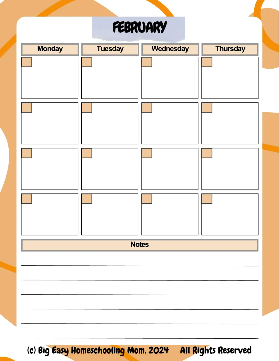 February calendar, first of two pages, provides undated Monday through Thursday entries and space for notes