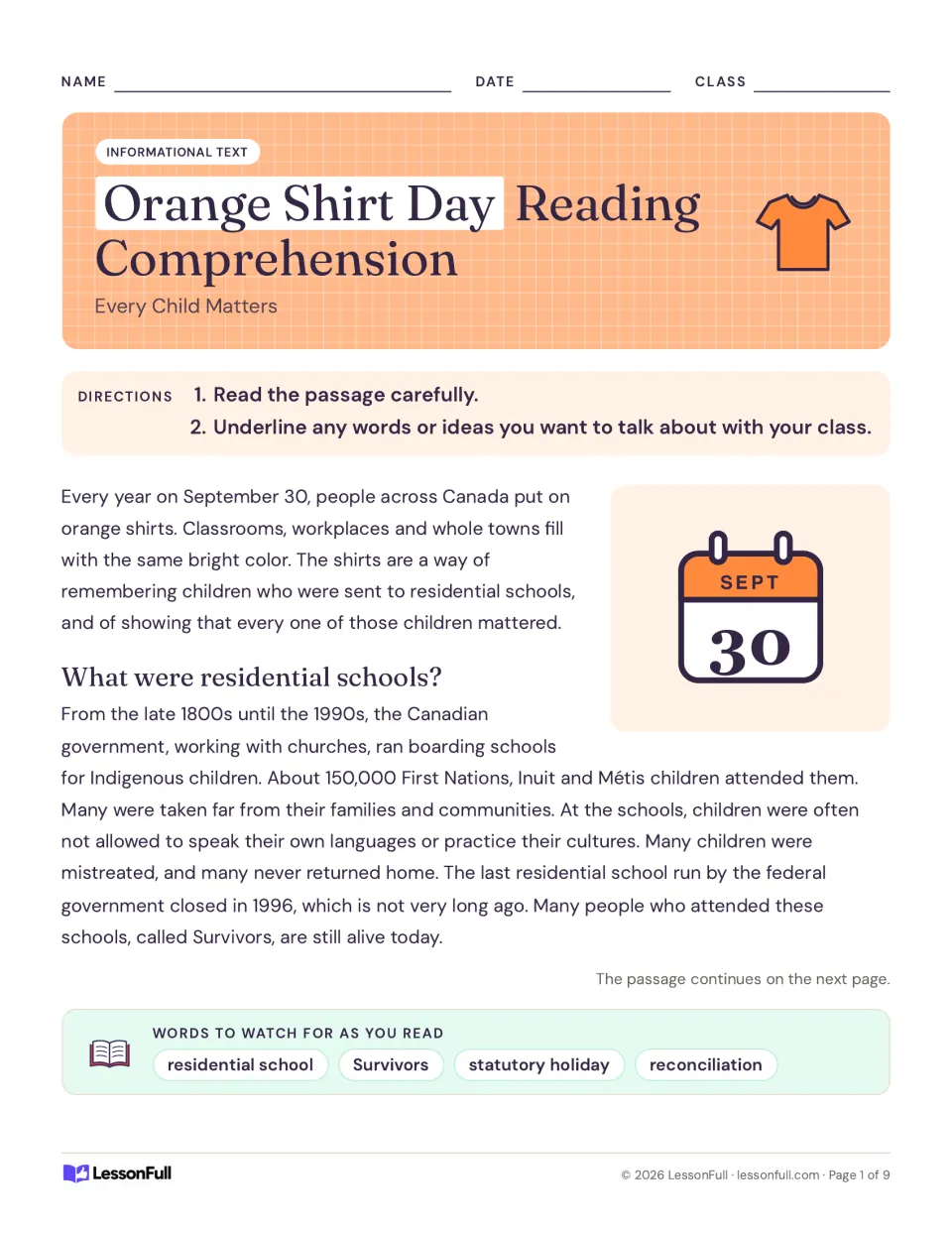 Orange Shirt Day passage on September 30 and residential schools in Canada, with directions and words to watch