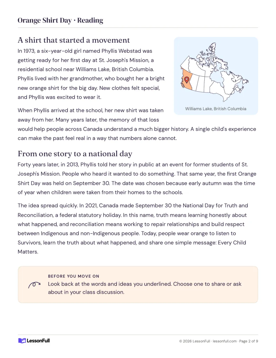 Passage continues with Phyllis Webstad's orange shirt story and how September 30 became a national day, with a map