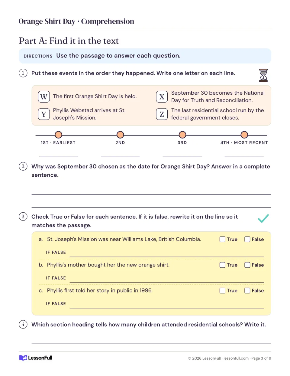 Part A questions: put Orange Shirt Day events in order, explain the September 30 date and check true or false facts