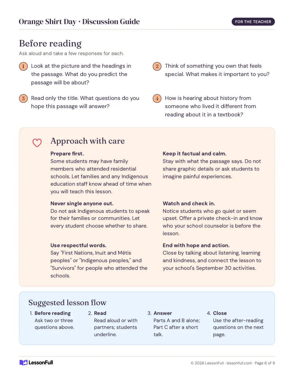 Teacher discussion guide for Orange Shirt Day: before-reading questions, tips to approach the topic with care, lesson flow