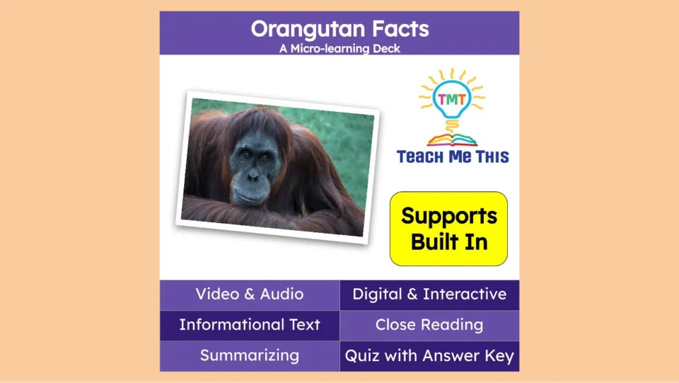 Cover of Orangutan Facts: A Micro-learning Deck, listing video, audio, close reading, and summarizing
