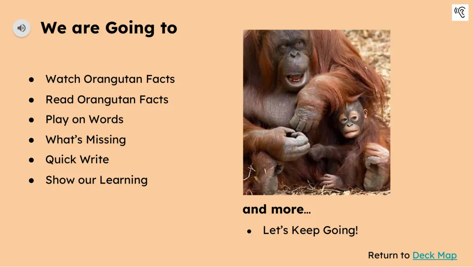 Activity preview lists watching, reading, Play on Words, What's Missing, Quick Write, and Show our Learning