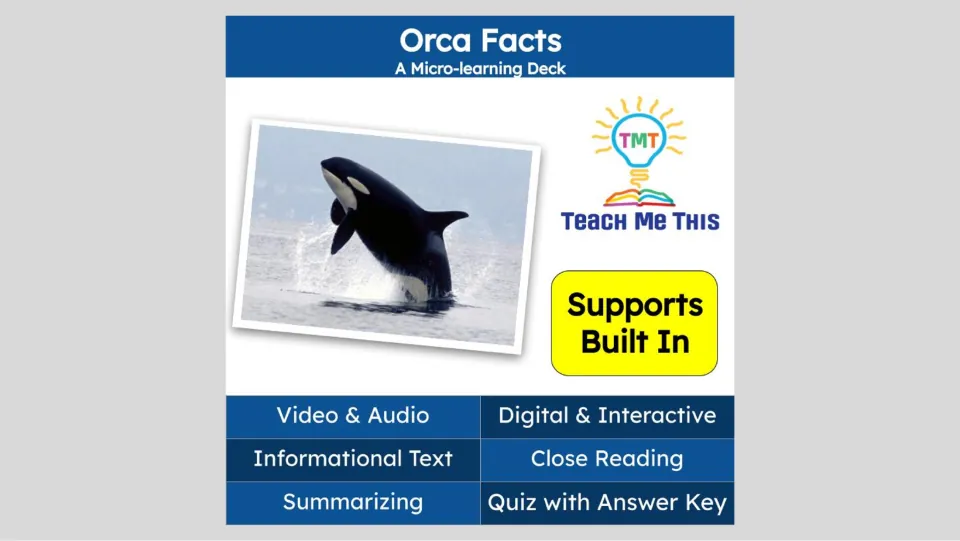 Orca Facts cover introduces a micro-learning deck with video, audio, informational text, and a quiz.