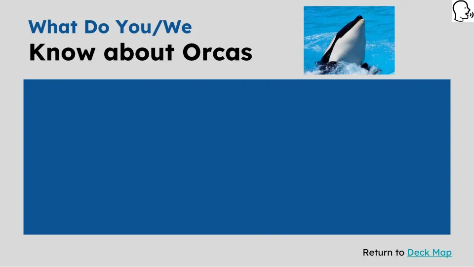 Prior-knowledge slide asks “What Do You/We Know about Orcas” and provides space for responses beneath it.