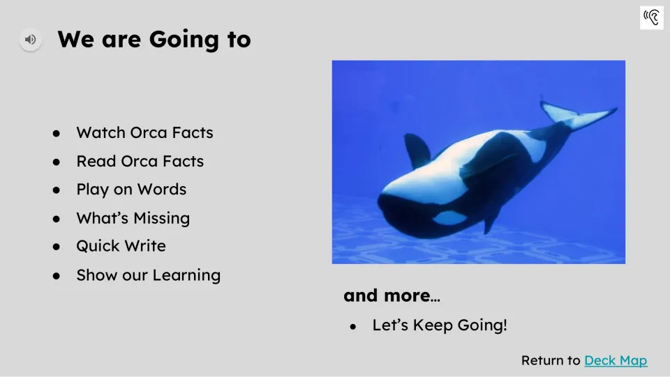 Activity preview lists watching, reading, Play on Words, What’s Missing, Quick Write, and Show our Learning.