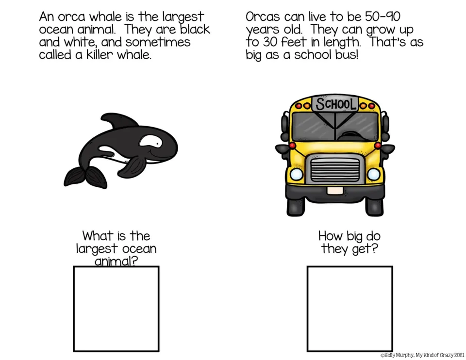 Color adapted book pages 1–2: orca appearance, lifespan, and size passages, with two comprehension questions