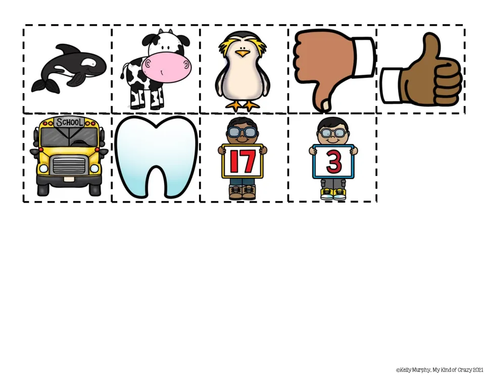 Nine color cut-out answer choices for the orca book: orca, cow, penguin, thumbs down and up, bus, tooth, 17, and 3