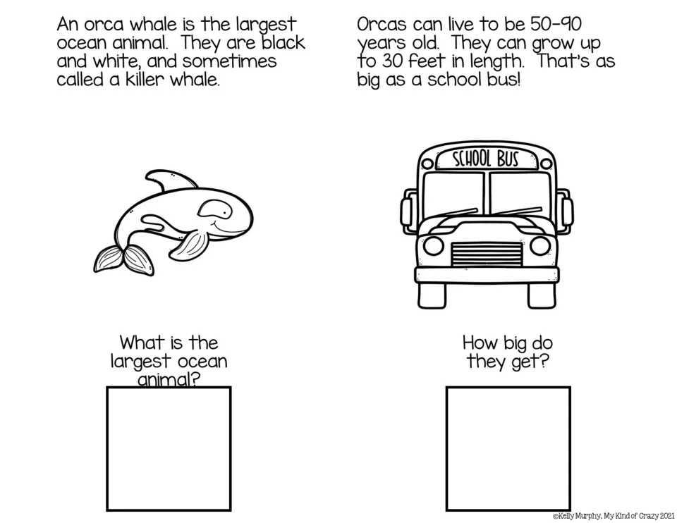 Black-and-white adapted book pages 1–2: orca appearance, lifespan, and size readings with two questions