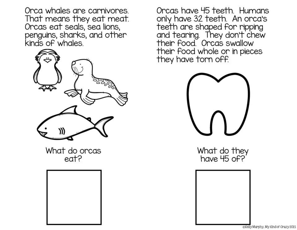 Black-and-white adapted book pages 3–4: orca diet and teeth readings with questions about food and teeth