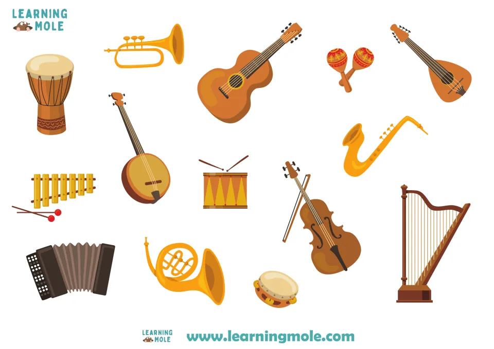 Instrument pictures to cut out, including violin, harp, trumpet, French horn, saxophone, drum, maracas and xylophone