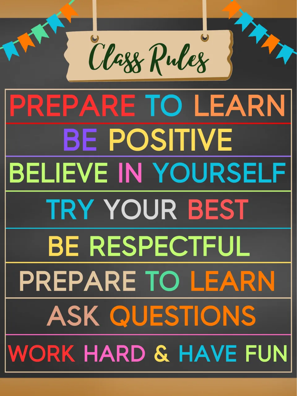 Class Rules chalkboard poster listing eight rules, including Prepare to Learn, Be Respectful and Ask Questions