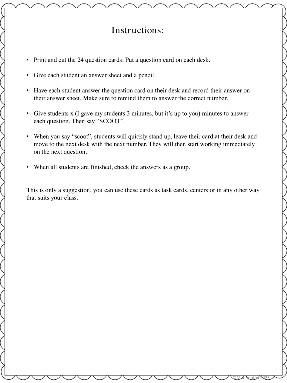 Scoot game directions: place 24 question cards on desks, students solve, record answers, then move on each SCOOT call