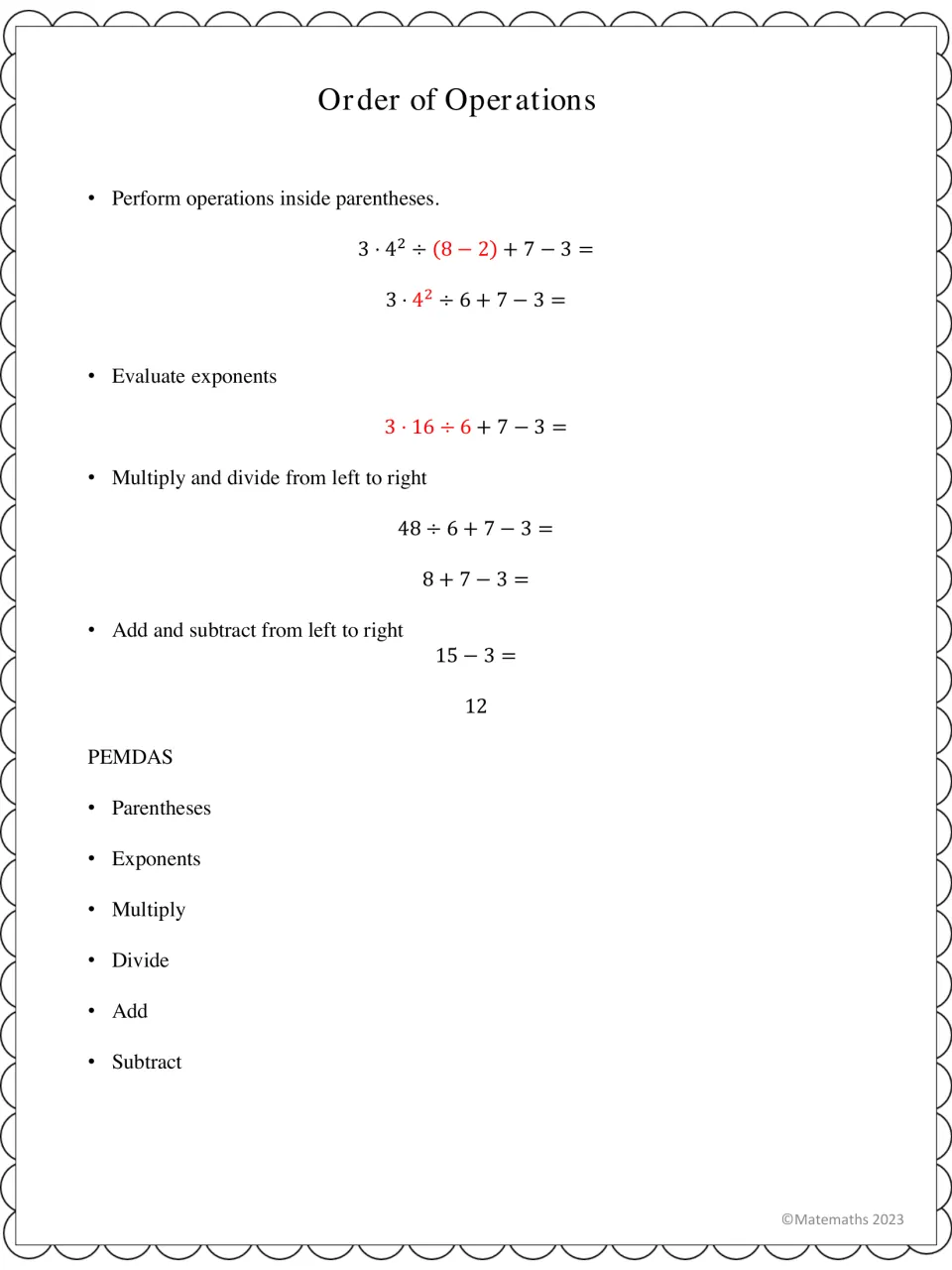 PEMDAS steps worked through 3 · 4² ÷ (8 − 2) + 7 − 3, parentheses then exponents then multiply, divide, add, subtract
