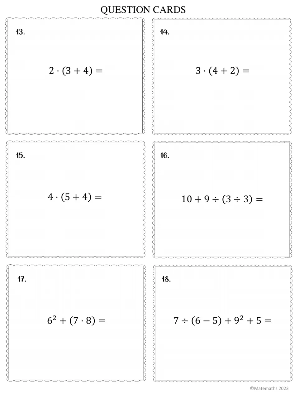 Question cards 13 to 18: students evaluate parentheses and exponent expressions such as 4 · (5 + 4) and 6² + (7 · 8)