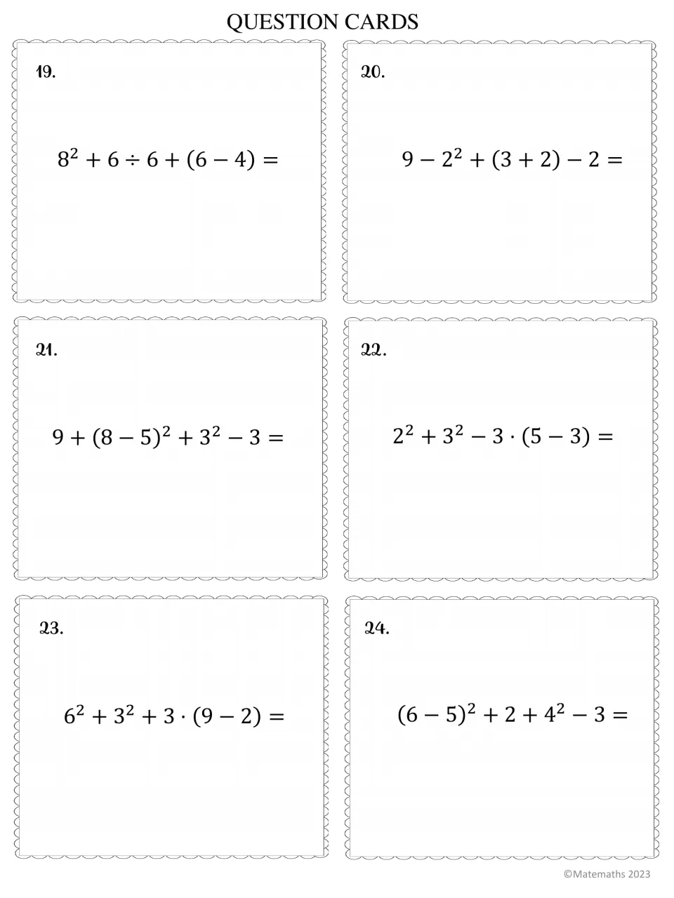 Question cards 19 to 24: students simplify multi-step expressions with squares and parentheses, like 9 + (8 − 5)² + 3² − 3