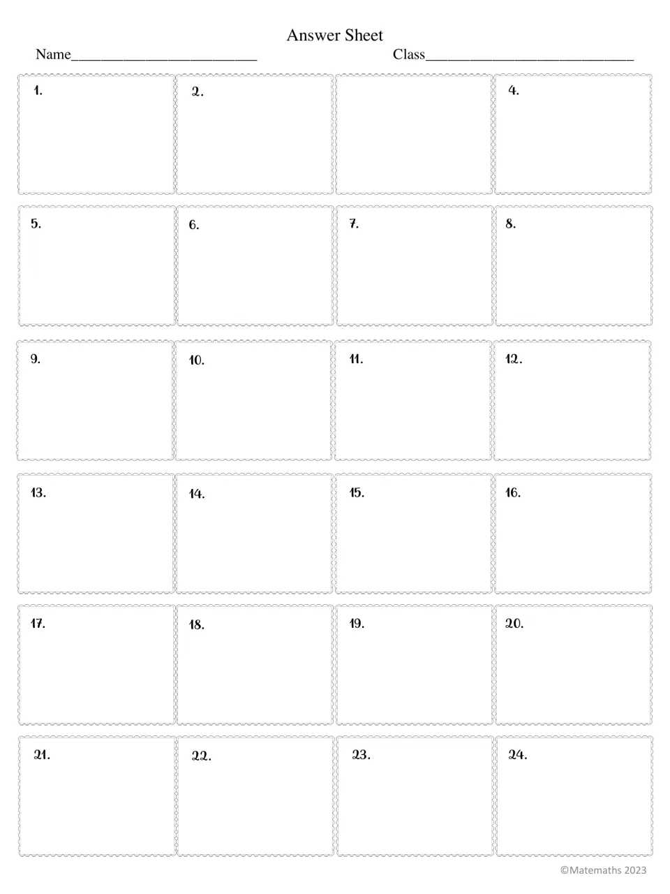 Answer recording sheet with name and class lines and numbered spaces for students to write answers to cards 1 to 24