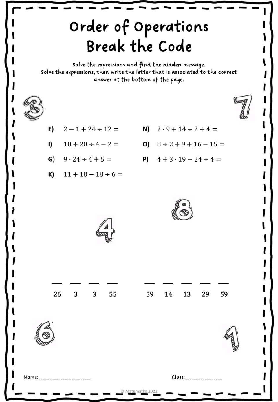 Order of operations code breaker: students solve 7 lettered expressions, then match answers to decode a hidden message