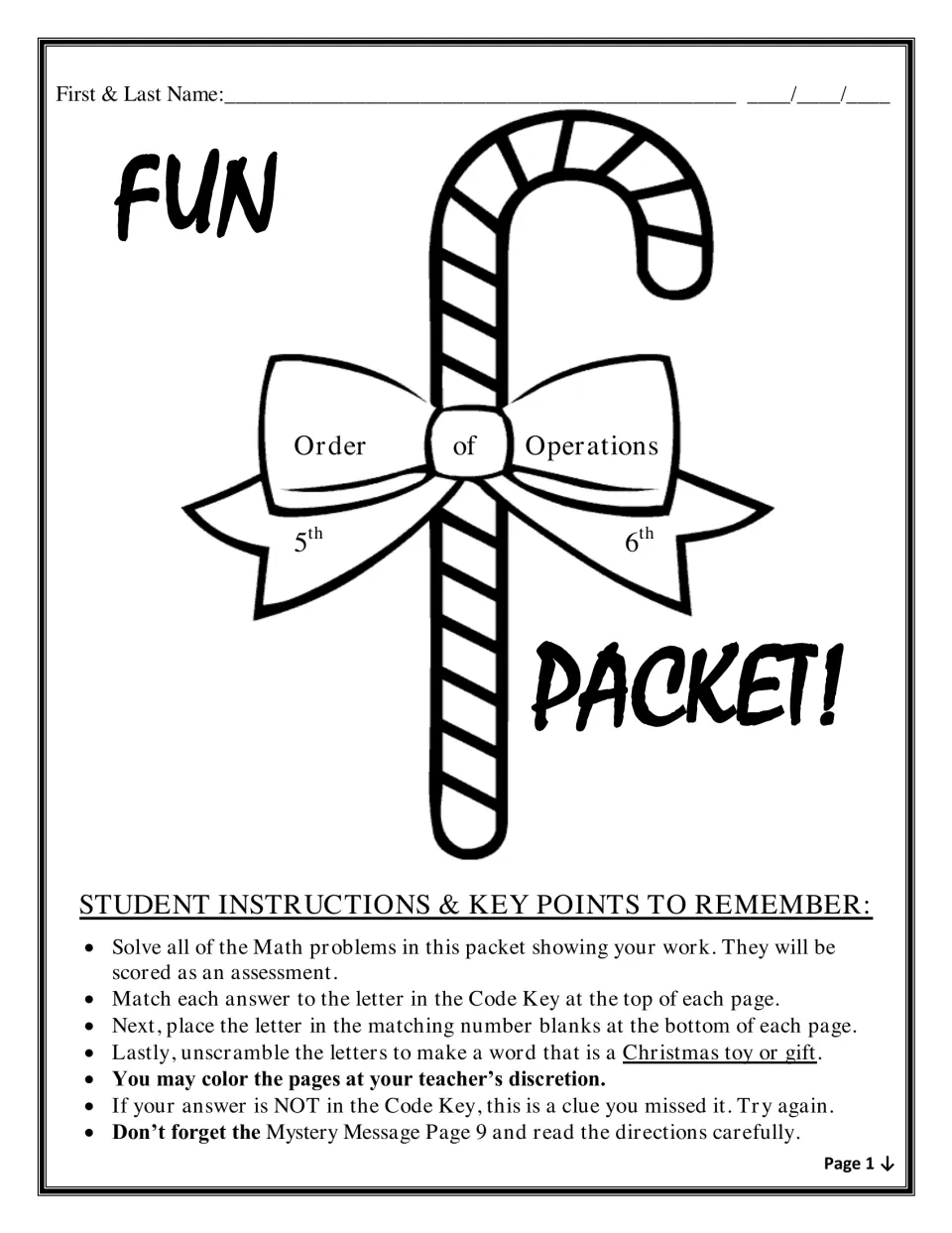 Student instructions: solve each problem, match answers to the Code Key letters, then unscramble a Christmas toy or gift