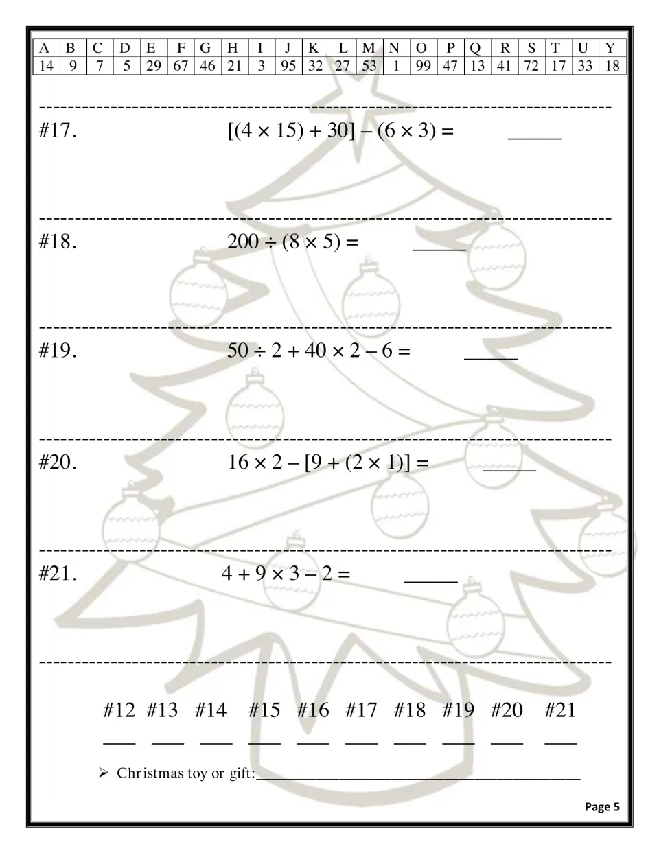 Item 3 continued: students solve expressions #17 to #21, then place all ten decoded letters to spell the hidden gift