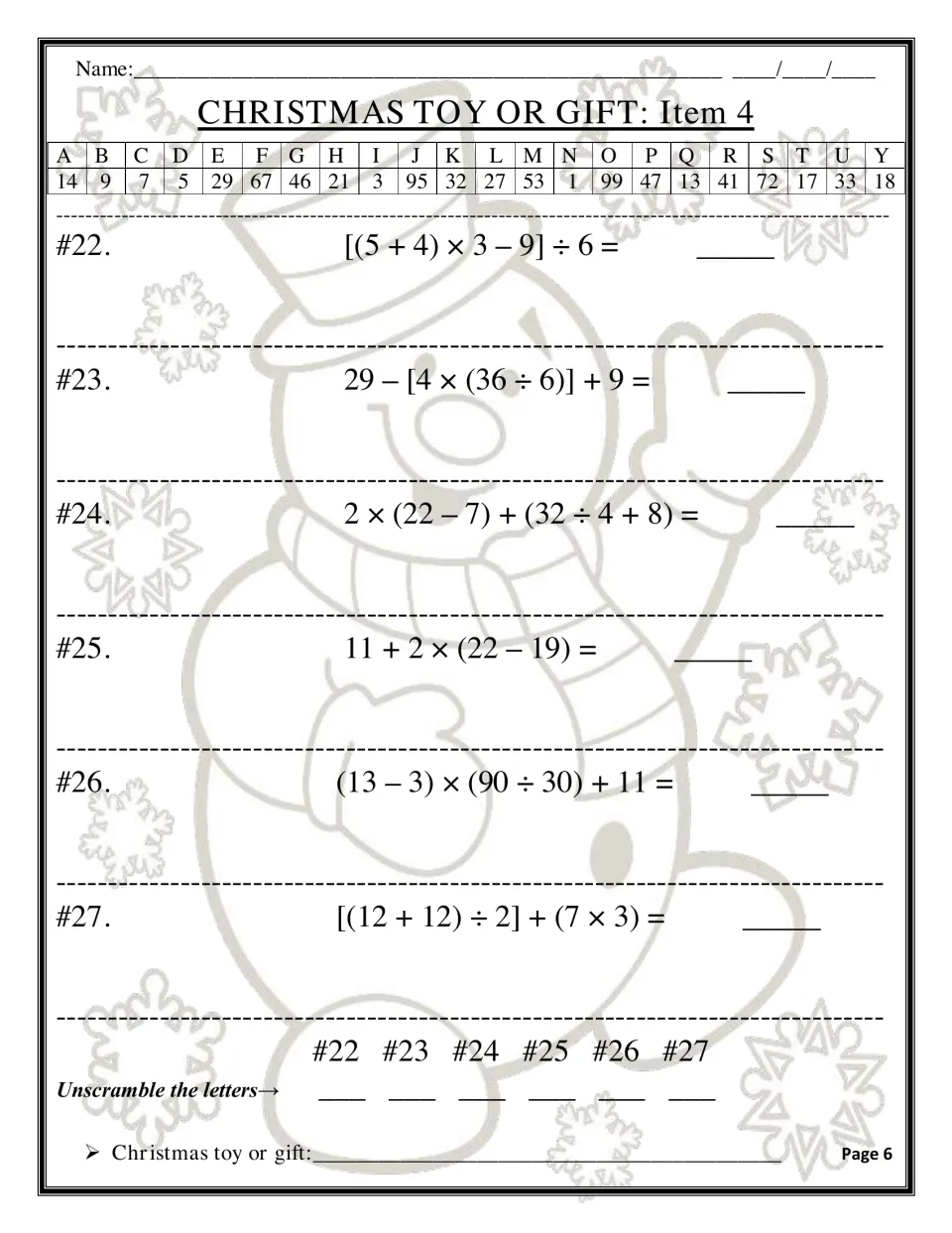 Christmas Toy or Gift Item 4: problems #22 to #27 with nested grouping symbols, decoded via the Code Key and unscrambled