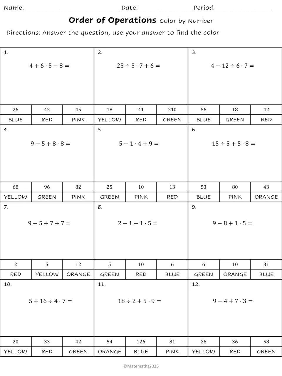 Order of operations practice: students solve 12 expressions like 4 + 6 · 5 − 8 and pick the matching answer's color