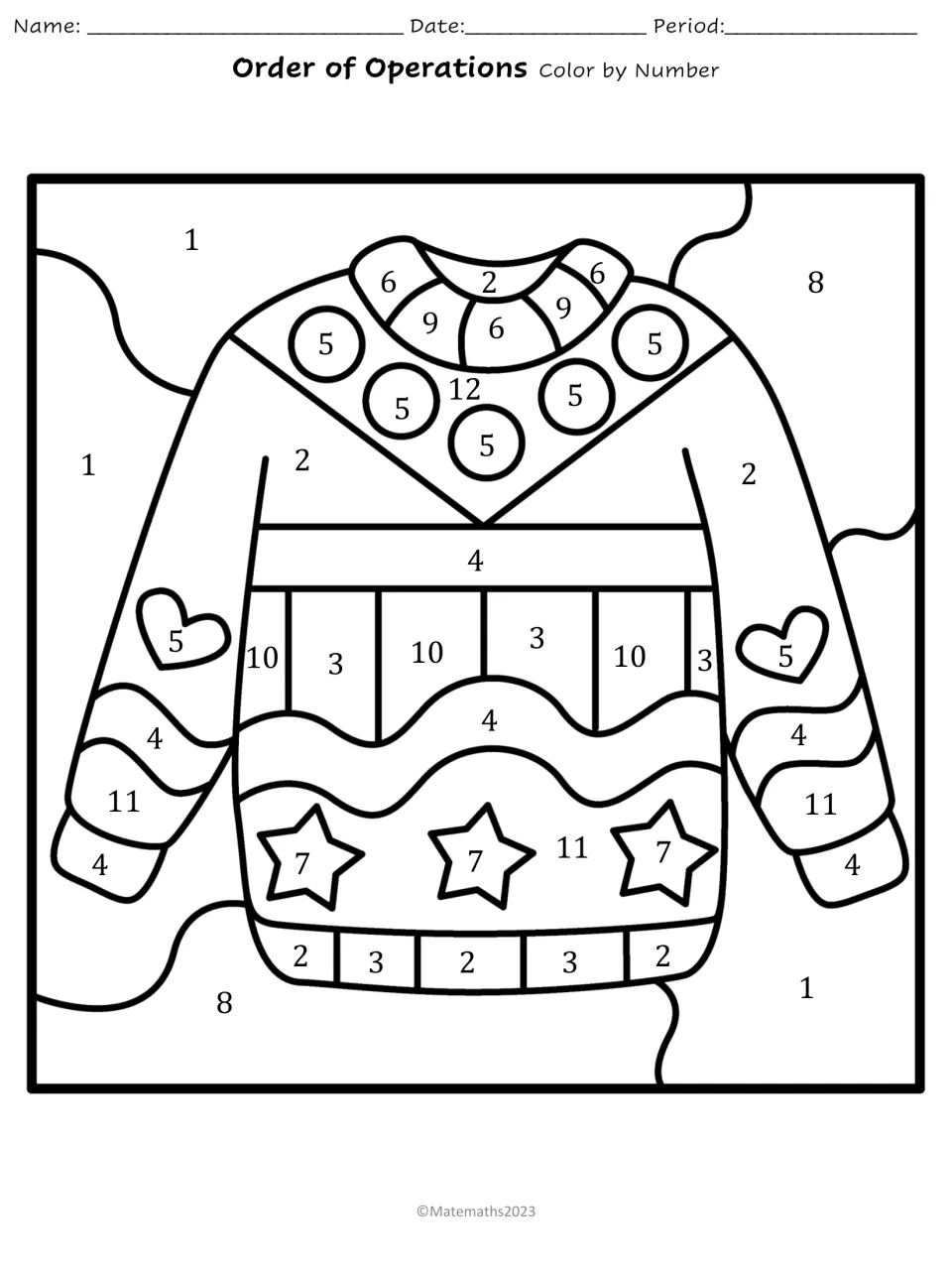 Christmas sweater coloring picture: students color each region numbered 1 to 12 using the colors found from their answers