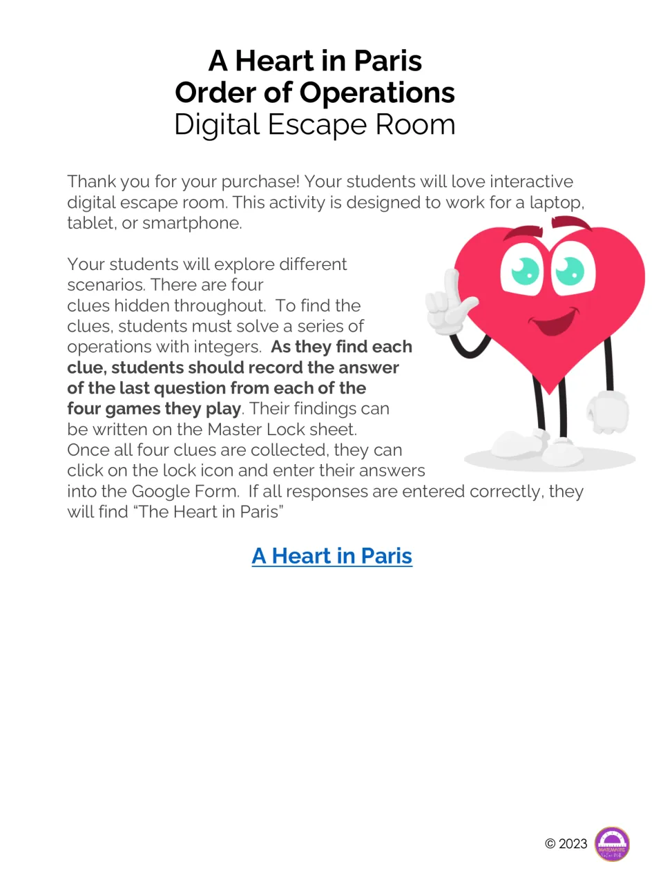 A Heart in Paris digital escape room: students solve integer operations to find four clues, enter them in a Google Form