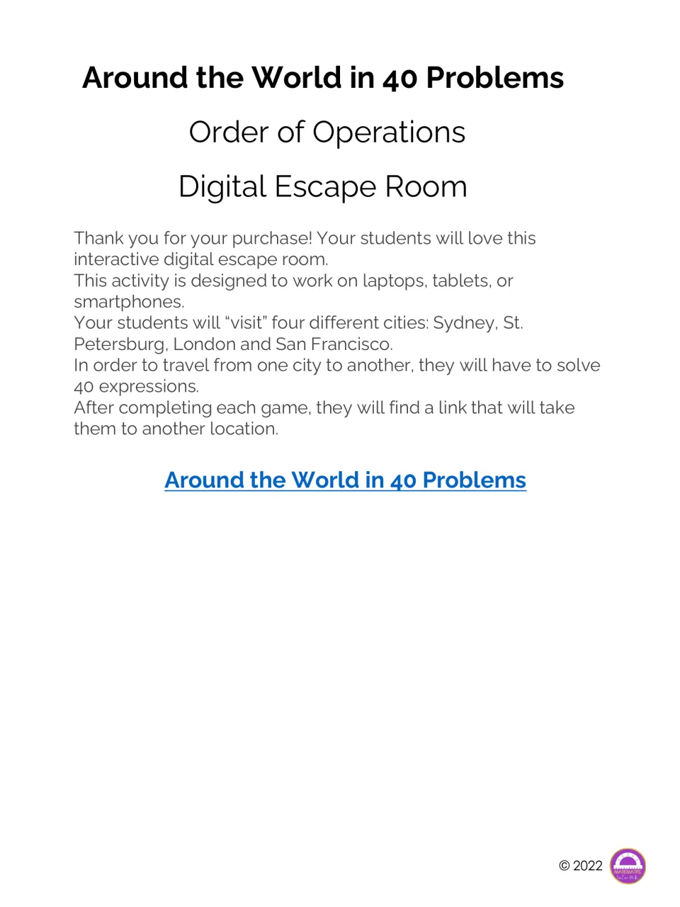 Order of operations digital escape room: solve 40 expressions to visit Sydney, St. Petersburg, London, San Francisco