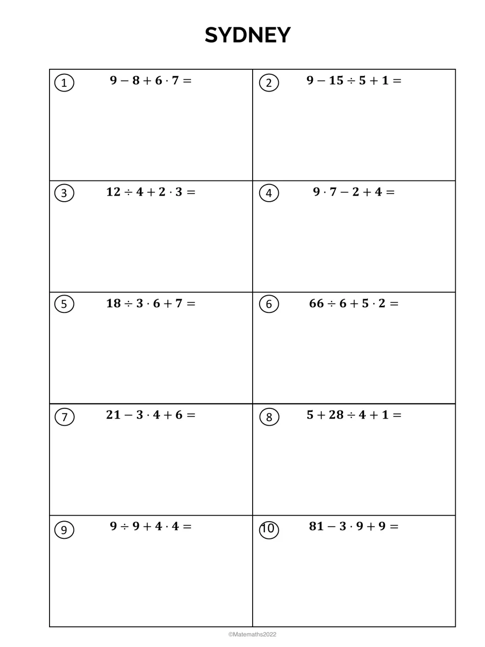 Sydney stage: students evaluate 10 expressions mixing add, subtract, multiply and divide, such as 9 - 8 + 6 · 7