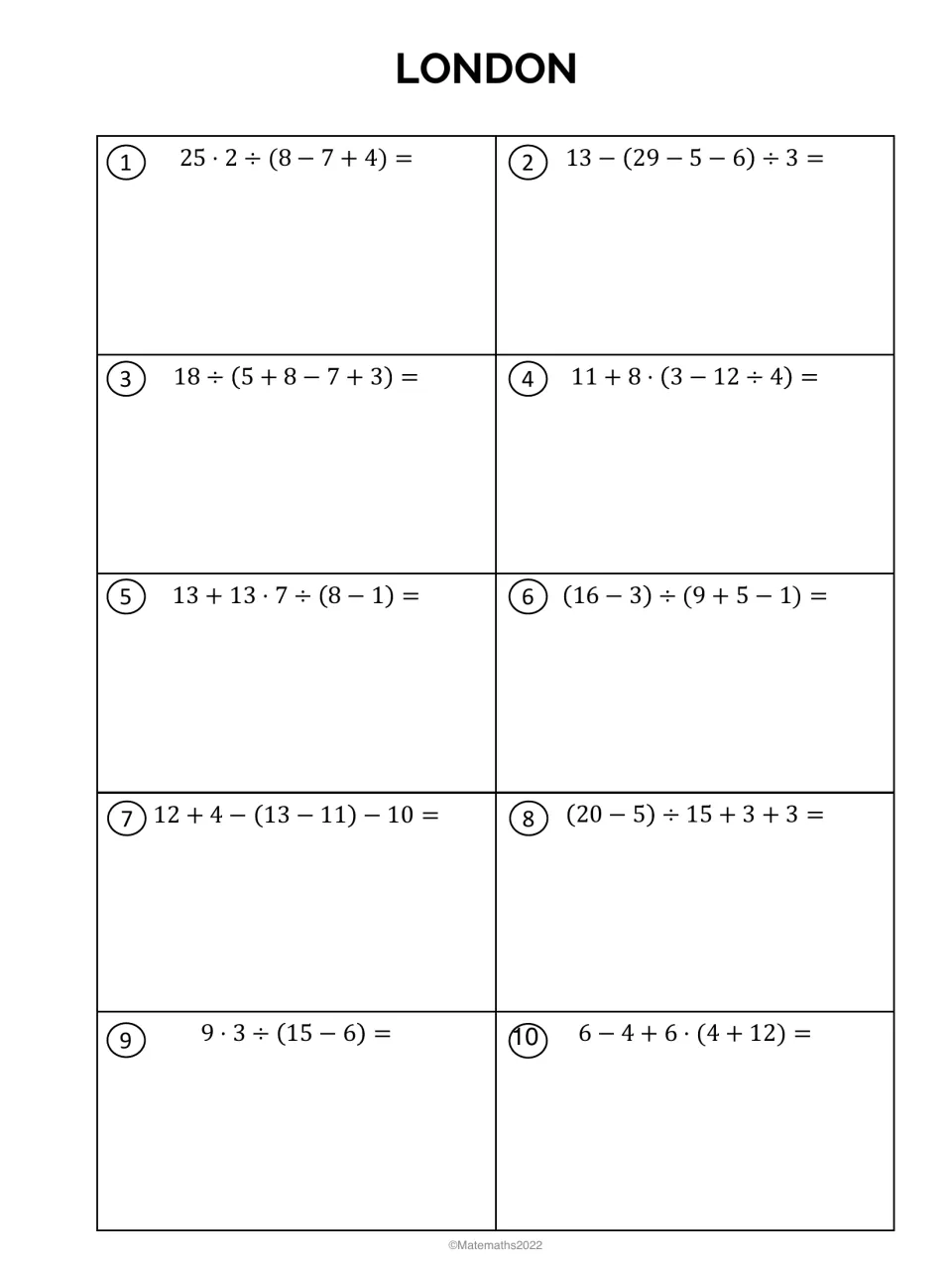 London stage: students evaluate 10 multi-step expressions with parentheses, e.g. 13 - (29 - 5 - 6) ÷ 3