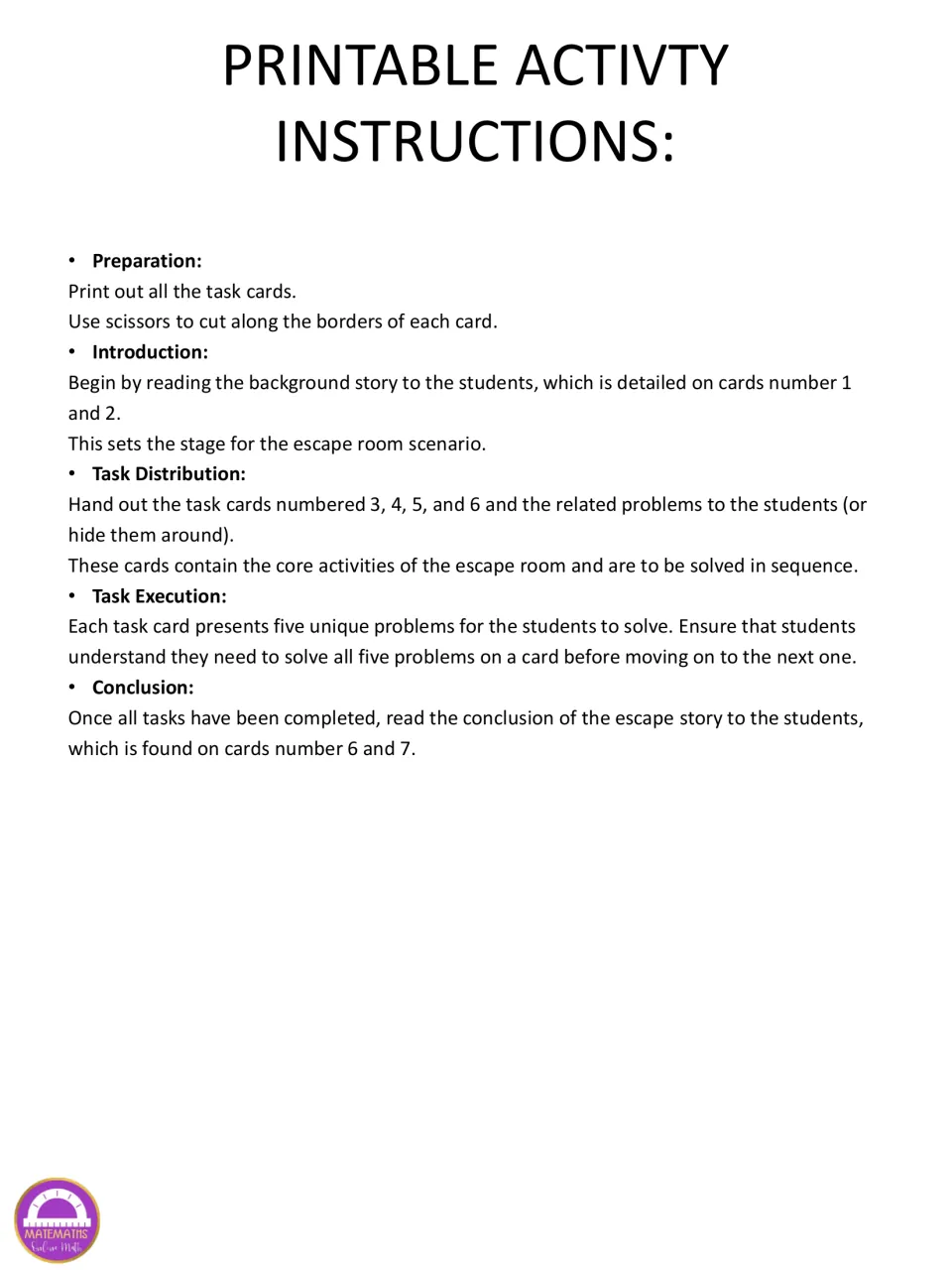 Printable escape room instructions: print and cut task cards, read story cards, then solve five problems per task card