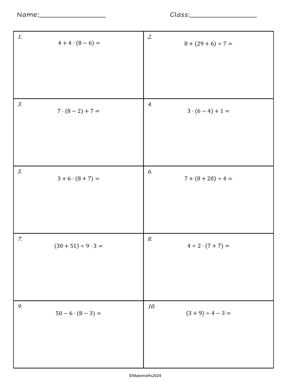 Order of operations problems 1-10: students evaluate expressions with parentheses, such as 4 + 4 · (8 − 6)