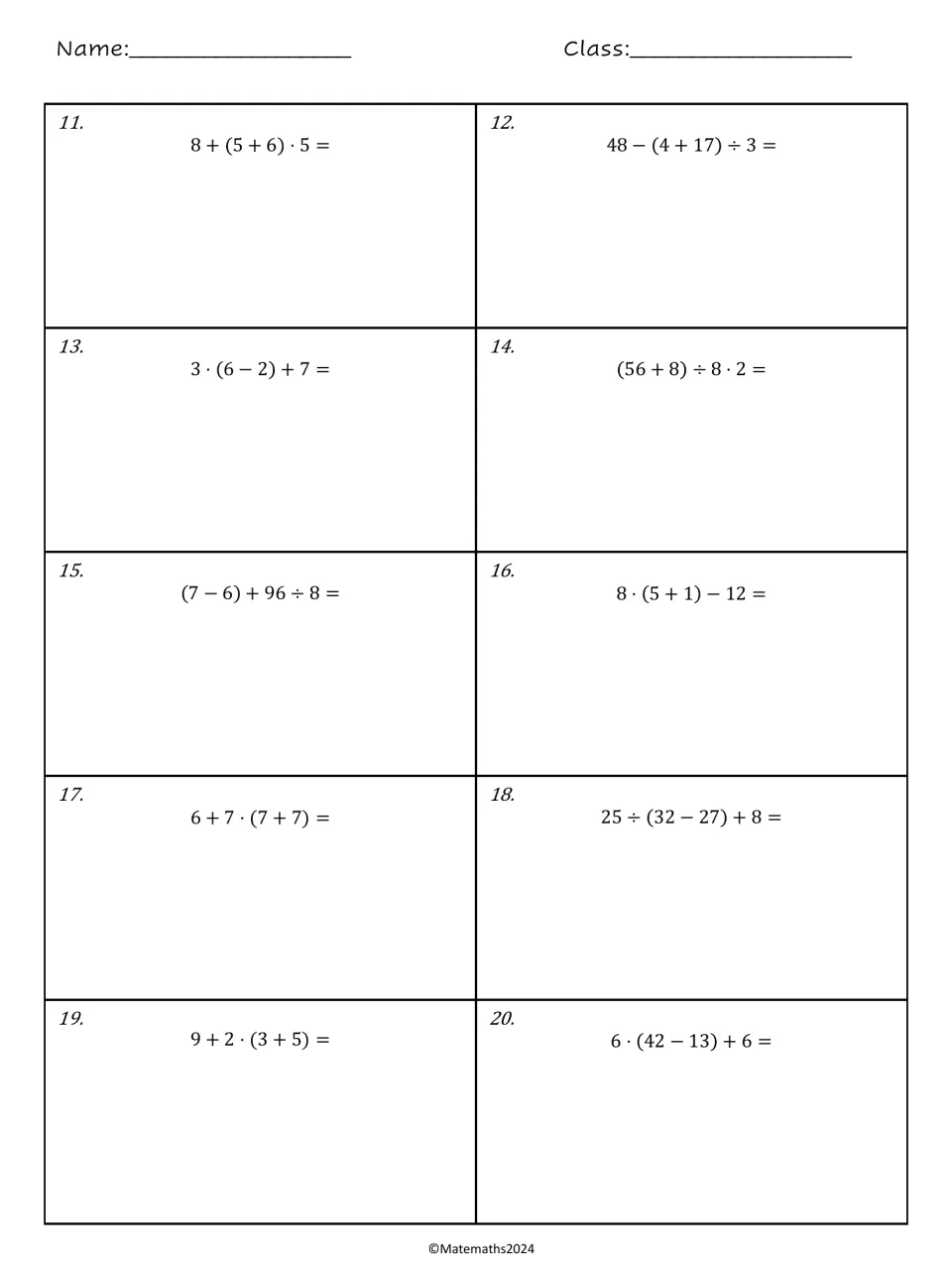 Order of operations problems 11-20: students simplify expressions like 8 + (5 + 6) · 5 and 25 ÷ (32 − 27) + 8
