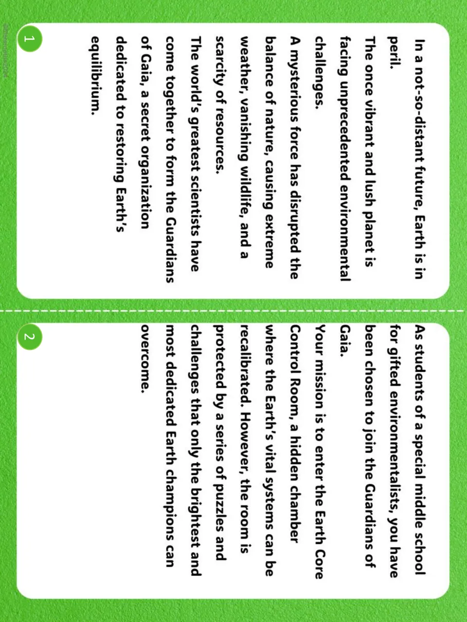 Earth Day escape story cards 1 and 2: Earth is in peril and students join the Guardians of Gaia to enter the Earth Core