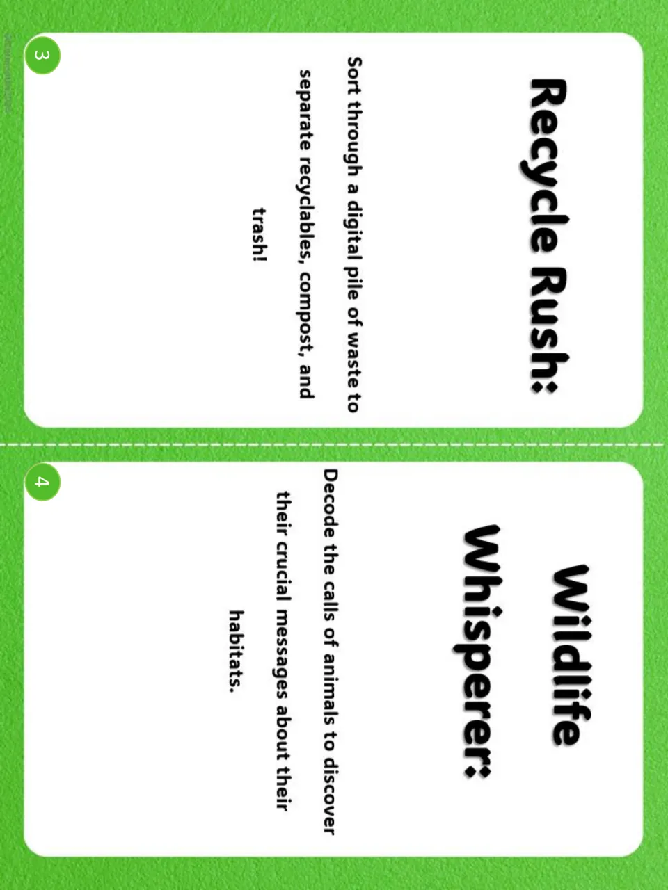 Task cards 3 and 4: Recycle Rush asks students to sort waste; Wildlife Whisperer asks them to decode animal calls