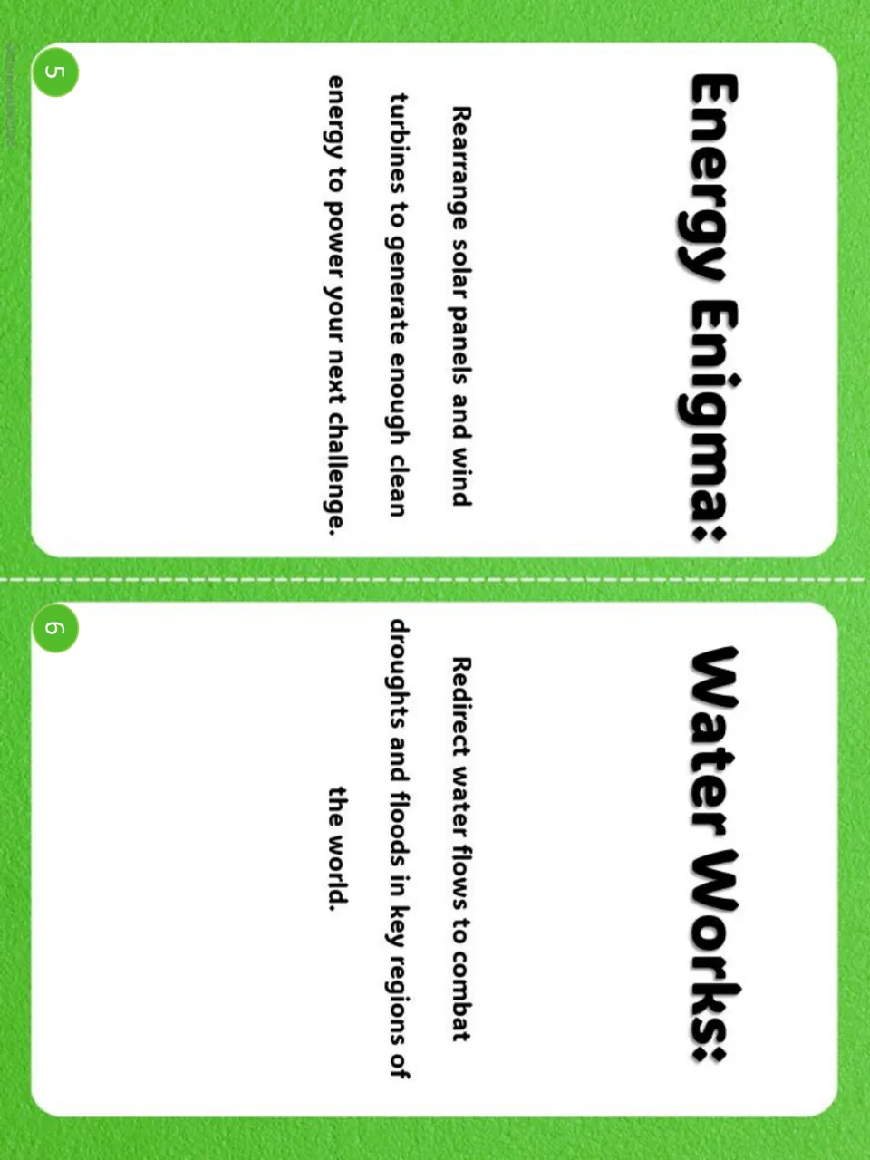 Task cards 5 and 6: Energy Enigma, arranging solar panels and wind turbines, and Water Works, redirecting water flows