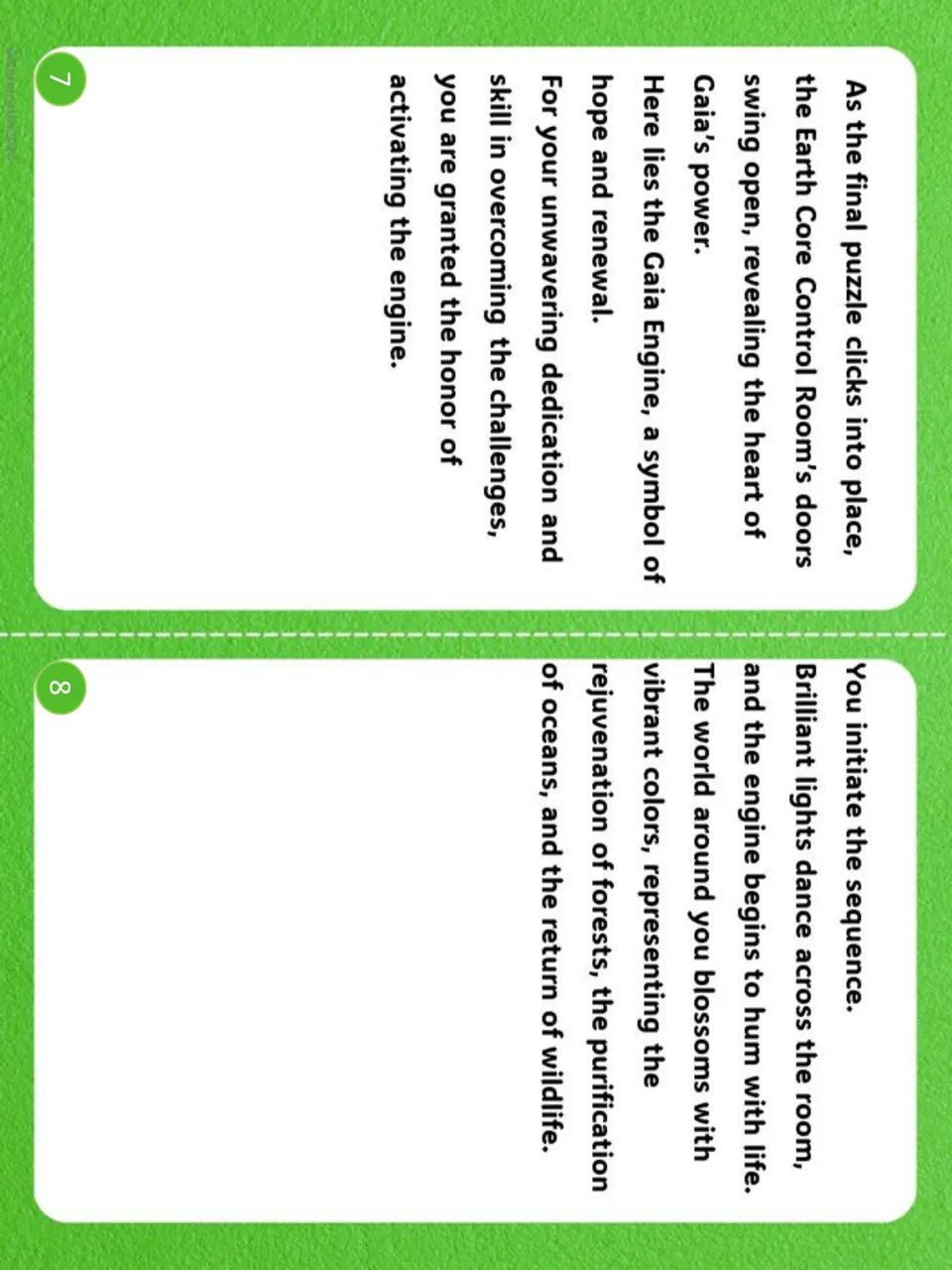 Story ending cards 7 and 8: Earth Core doors open and students activate the Gaia Engine, renewing the world