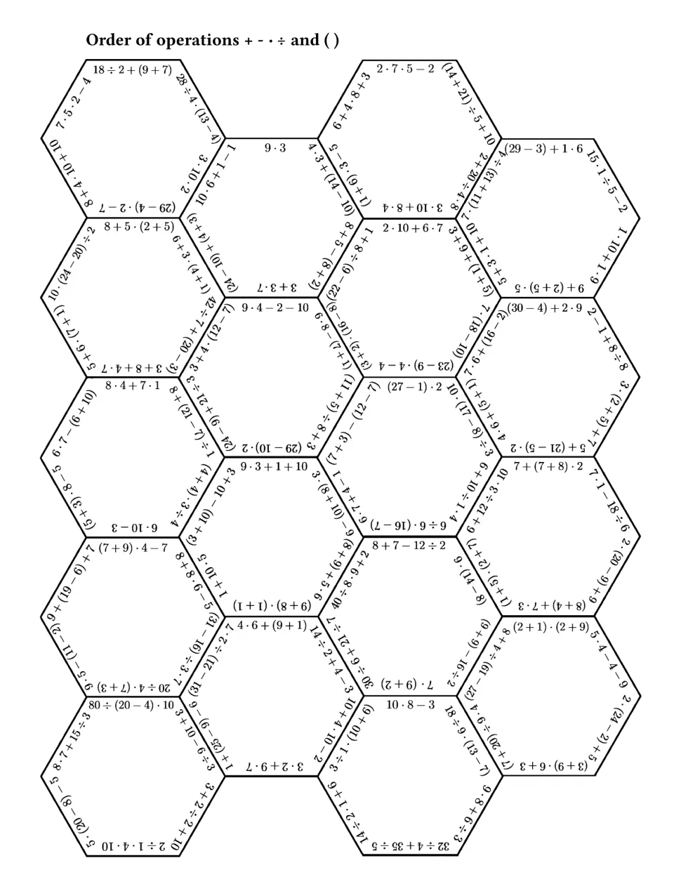 Order of operations with + − · ÷ and brackets: students evaluate expressions on hexagon edges and match equal values