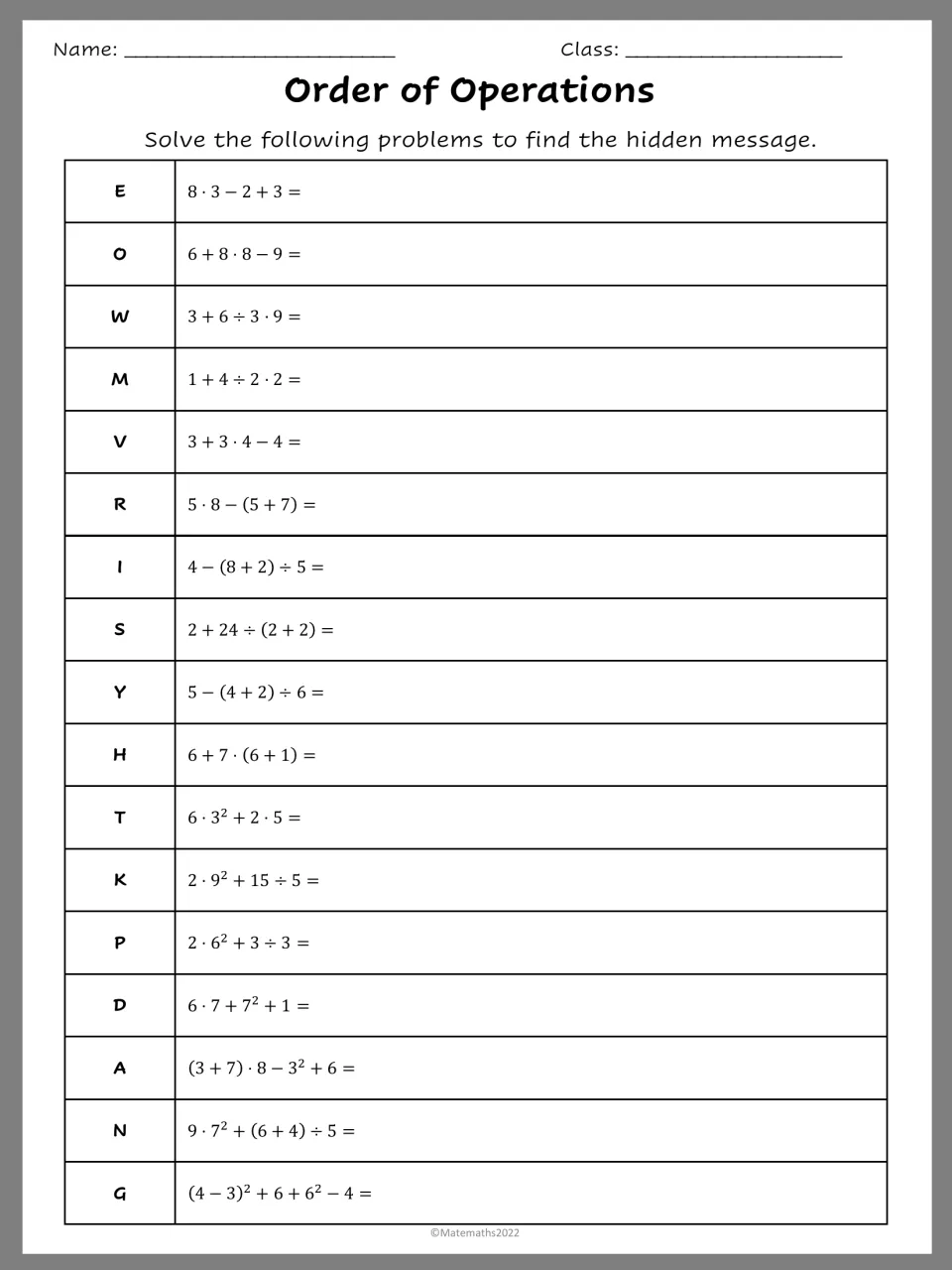 Order of operations practice: students solve 17 expressions with parentheses and exponents, each matched to a code letter