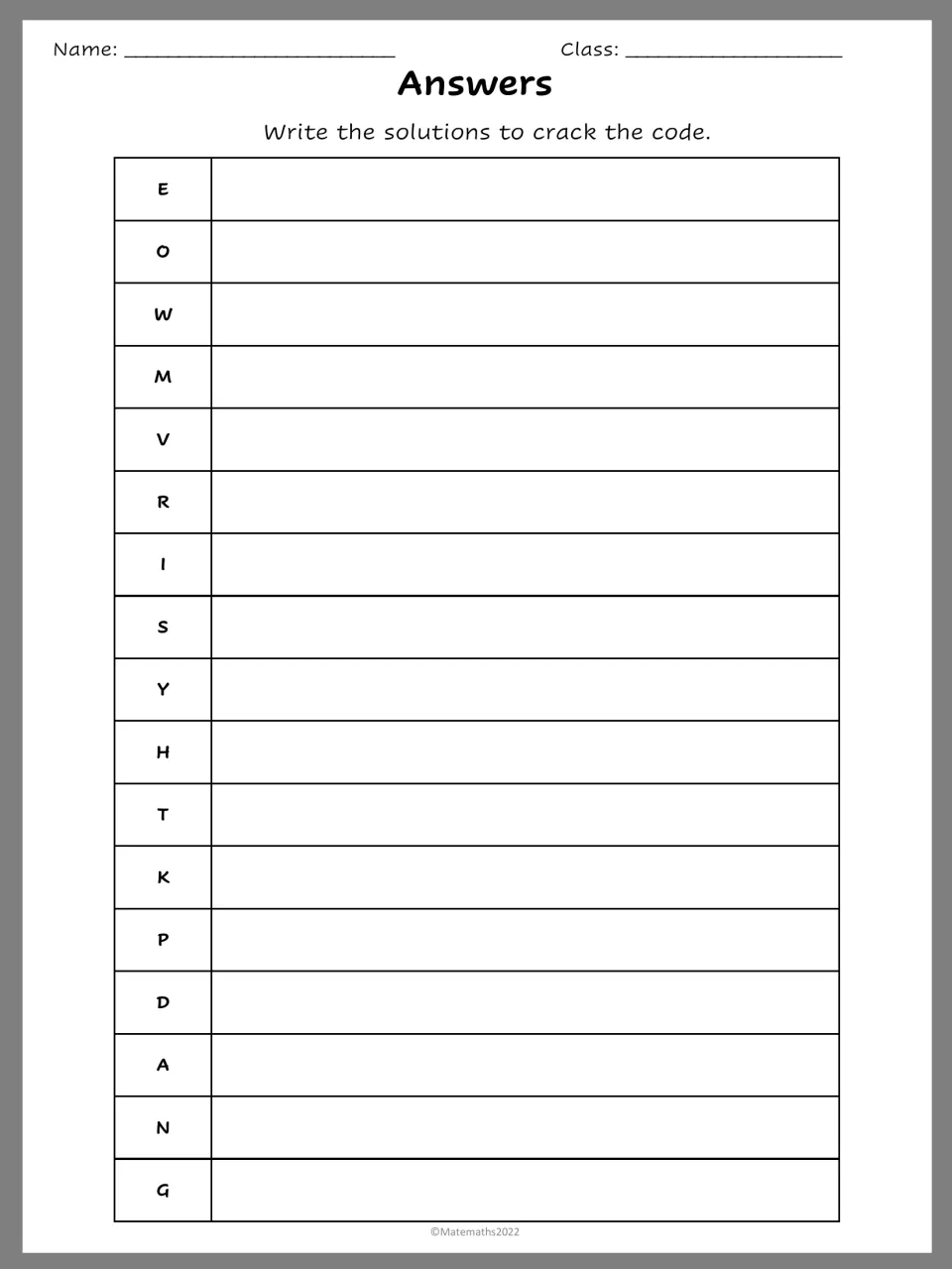 Answers recording sheet: students write the solution for each code letter E, O, W, M through G to build the decoding key