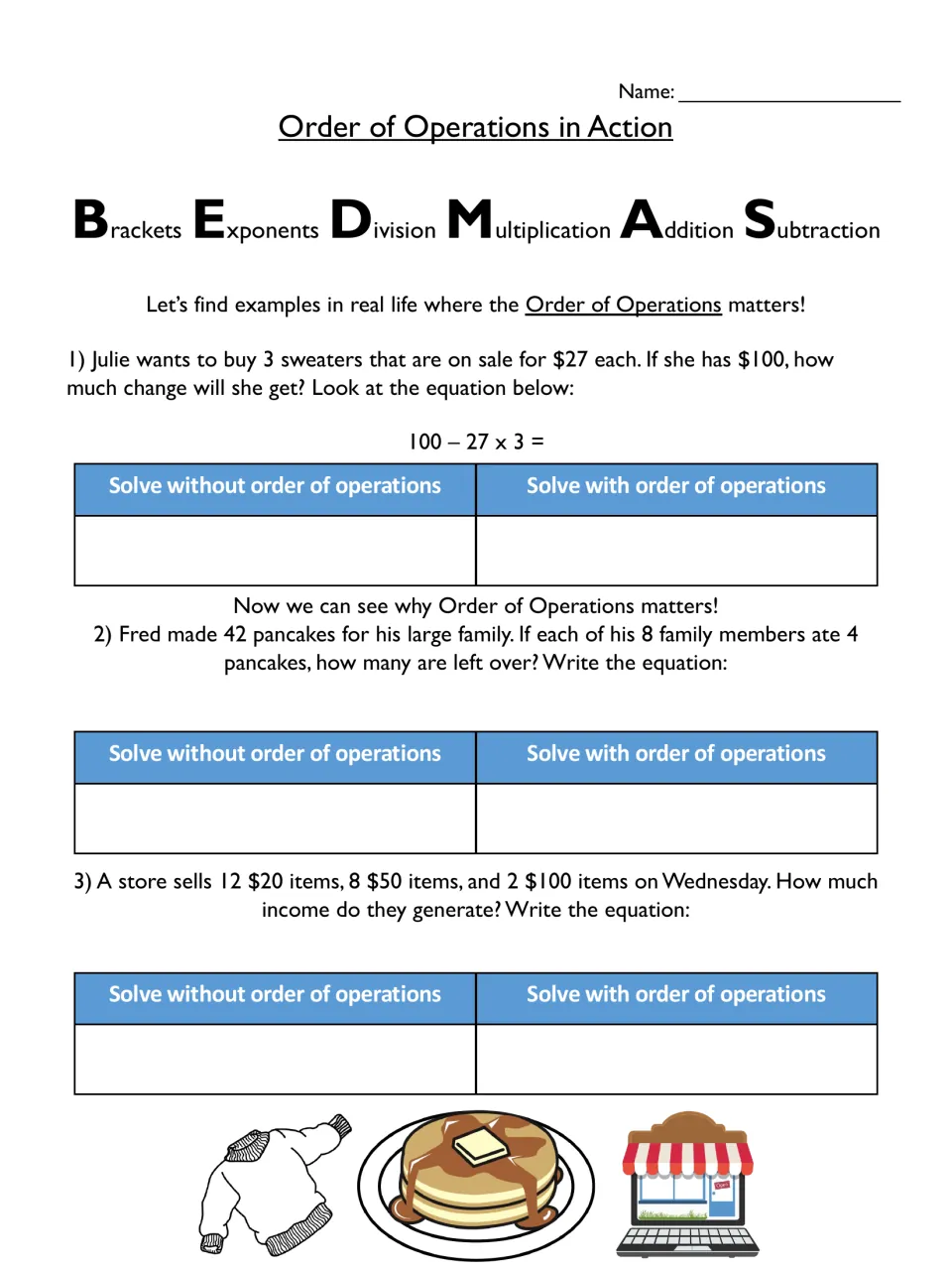 Order of operations word problems: students solve sweater, pancake and store sales equations with and without BEDMAS