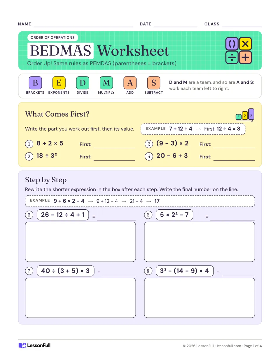 Order of operations practice, items 1–8: identify the first operation and simplify expressions step by step.