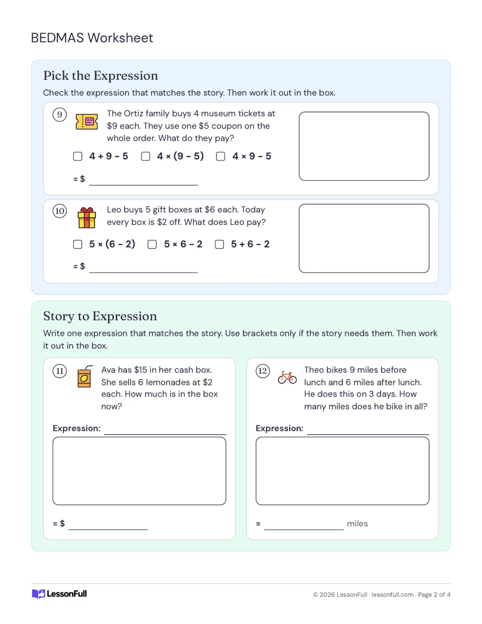 Word problems 9–12: choose or write expressions for museum tickets, gift boxes, lemonade sales, and biking.