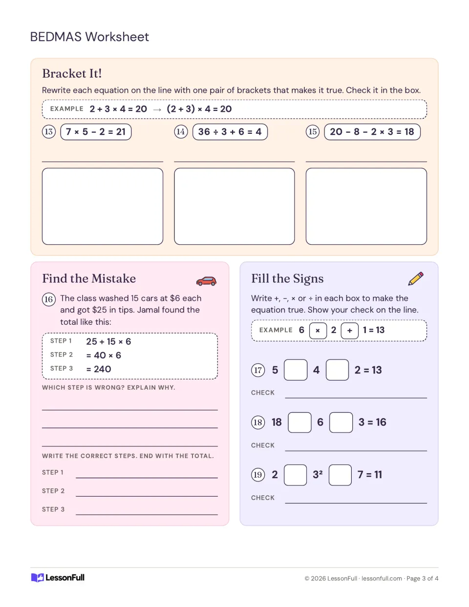 Order of operations items 13–19: insert brackets, explain a car wash calculation error, and fill in signs.