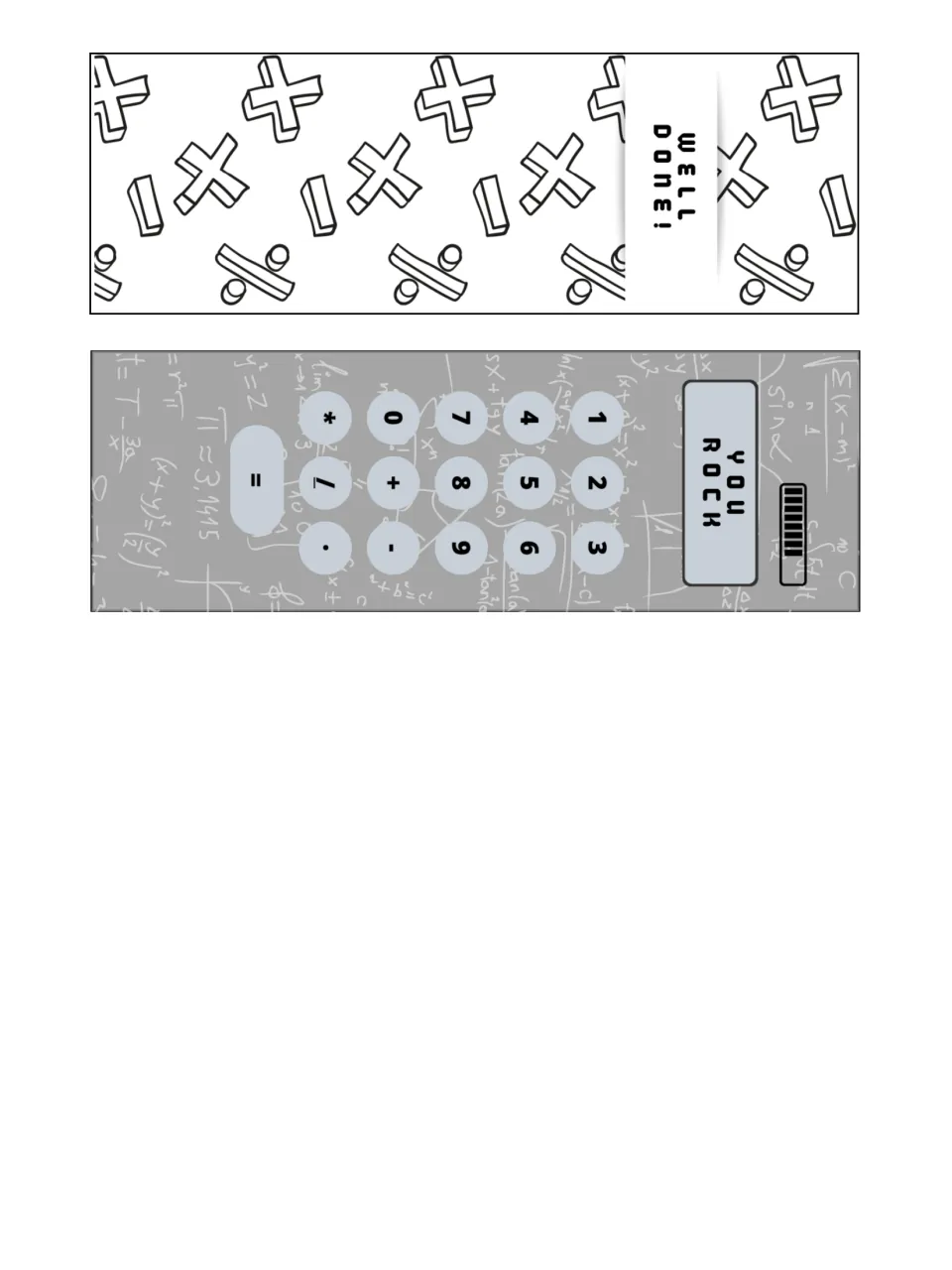 Two prize strips: one with math symbols reading Well done!, one shaped like a calculator keypad reading You rock